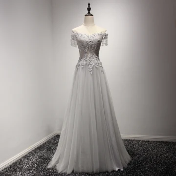 Luxury Gorgeous Grey Evening Dresses 2017 A Line Princess Off The Shoulder Short Sleeve Beading Crystal Appliques Lace Pearl Rhinestone Tassel Floor Length Long Ruffle Backless Formal Dresses