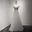 Luxury / Gorgeous Grey Evening Dresses  2017 A-Line / Princess Off-The-Shoulder Short Sleeve Beading Crystal Appliques Lace Pearl Rhinestone Tassel Floor-Length / Long Ruffle Backless Formal Dresses