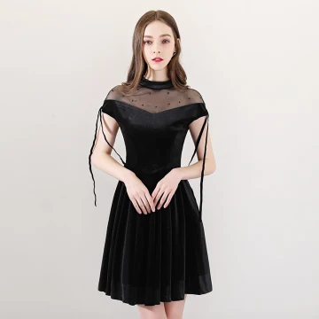 Moderne Mode Noire Transparentes Robe De Fete 2018 Princesse Col Haut Manches Courtes Perle Gland Courte Volants Robe De Ceremonie