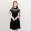 Modern / Fashion Black See-through Party Dresses 2018 A-Line / Princess High Neck Short Sleeve Pearl Tassel Short Ruffle Formal Dresses