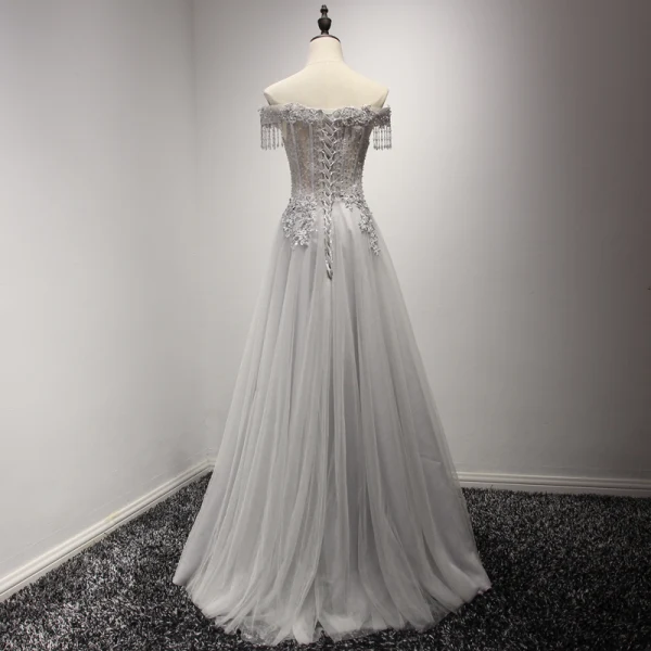 Luxury / Gorgeous Grey Evening Dresses 2017 A-Line / Princess Off-The-Shoulder Short Sleeve Beading Crystal Appliques Lace Pearl Rhinestone Tassel Floor-Length / Long Ruffle Backless Formal Dresses