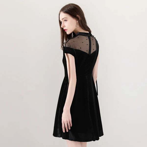 Modern / Fashion Black See-through Party Dresses 2018 A-Line / Princess High Neck Short Sleeve Pearl Tassel Short Ruffle Formal Dresses