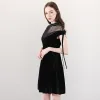 Modern / Fashion Black See-through Party Dresses 2018 A-Line / Princess High Neck Short Sleeve Pearl Tassel Short Ruffle Formal Dresses