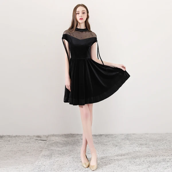 Modern / Fashion Black See-through Party Dresses 2018 A-Line / Princess High Neck Short Sleeve Pearl Tassel Short Ruffle Formal Dresses
