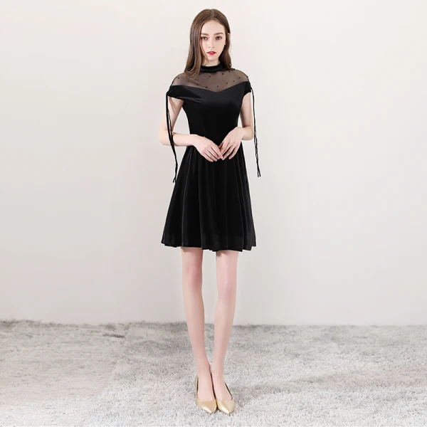 Modern / Fashion Black See-through Party Dresses 2018 A-Line / Princess High Neck Short Sleeve Pearl Tassel Short Ruffle Formal Dresses