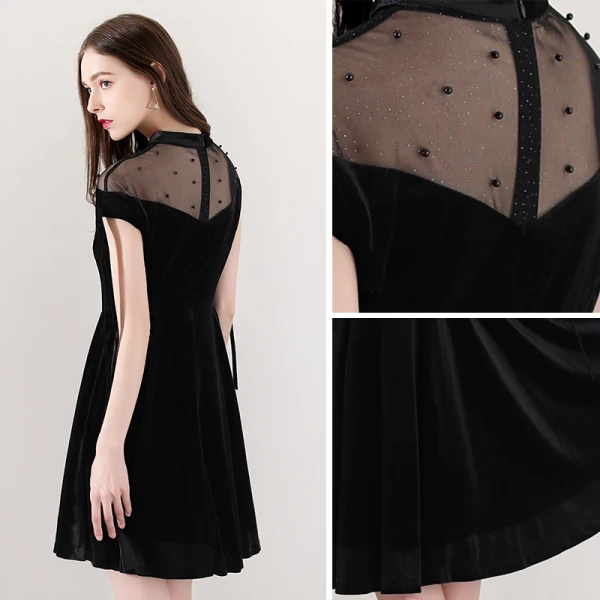 Modern / Fashion Black See-through Party Dresses 2018 A-Line / Princess High Neck Short Sleeve Pearl Tassel Short Ruffle Formal Dresses
