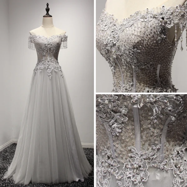 Luxury / Gorgeous Grey Evening Dresses 2017 A-Line / Princess Off-The-Shoulder Short Sleeve Beading Crystal Appliques Lace Pearl Rhinestone Tassel Floor-Length / Long Ruffle Backless Formal Dresses