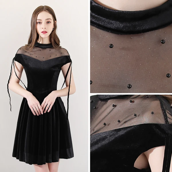 Modern / Fashion Black See-through Party Dresses 2018 A-Line / Princess High Neck Short Sleeve Pearl Tassel Short Ruffle Formal Dresses