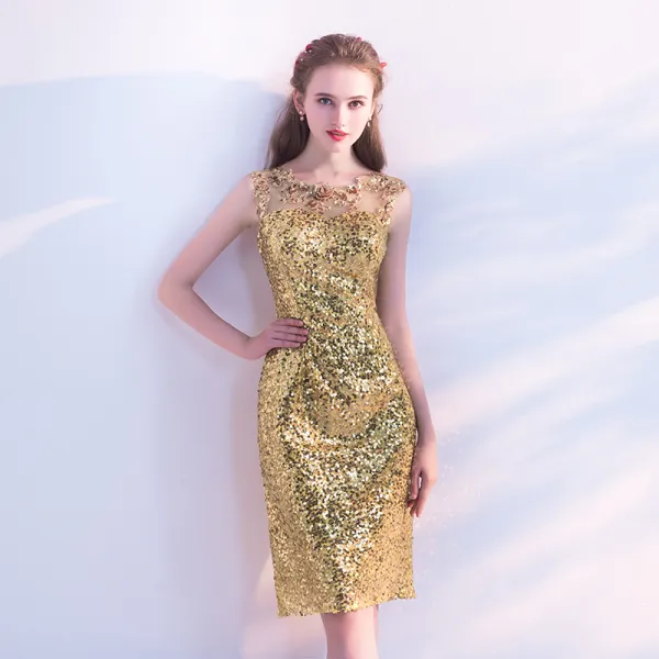 Sparkly Gold Sequins See-through Party Dresses 2018 Trumpet / Mermaid Scoop Neck Sleeveless Knee-Length Formal Dresses
