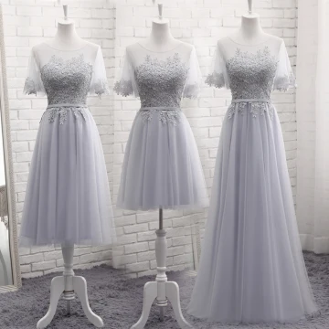Chic Beautiful Grey See Through Summer Bridesmaid Dresses 2018 A Line Princess Scoop Neck Short Sleeve Appliques Lace Sash Ruffle Backless Wedding Party Dresses