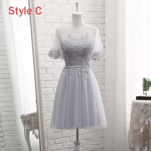 Chic / Beautiful Grey See-through Summer Bridesmaid Dresses 2018 A-Line / Princess Scoop Neck Short Sleeve Appliques Lace Sash Ruffle Backless Wedding