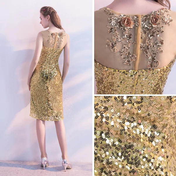 Sparkly Gold Sequins See-through Party Dresses 2018 Trumpet / Mermaid Scoop Neck Sleeveless Knee-Length Formal Dresses