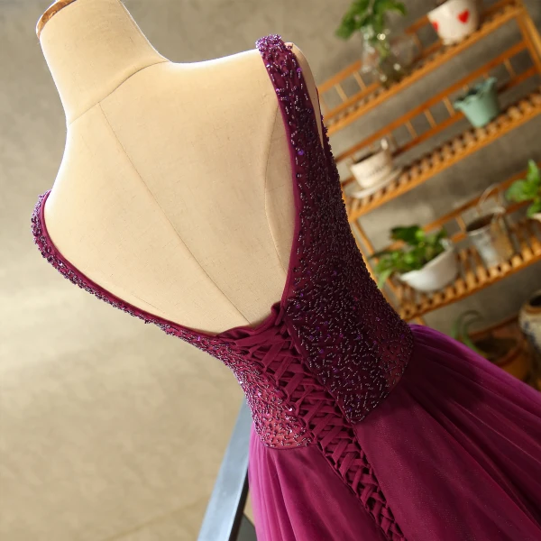 Chic / Beautiful Grape Prom Dresses 2018 A-Line / Princess V-Neck Sleeveless Beading Floor-Length / Long Ruffle Backless Formal Dresses