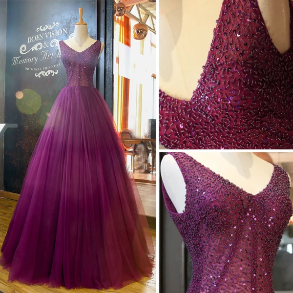 Chic / Beautiful Grape Prom Dresses 2018 A-Line / Princess V-Neck Sleeveless Beading Floor-Length / Long Ruffle Backless Formal Dresses