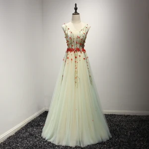 Fine Salvie Grønn Selskapskjoler 2017 Prinsesse V Hals Uten Ermer Appliques Blomst Beading Lange Buste Ryggløse Formelle Kjoler