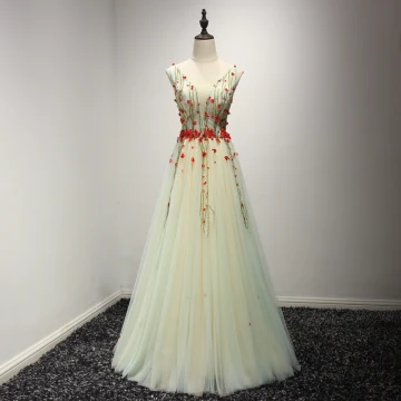 Chic Beautiful Sage Green Evening Dresses 2017 A Line Princess V Neck Sleeveless Appliques Flower Beading Floor Length Long Ruffle Backless Formal Dresses