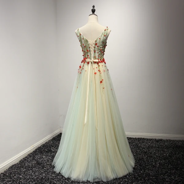Chic / Beautiful Sage Green Evening Dresses 2017 A-Line / Princess V-Neck Sleeveless Appliques Flower Beading Floor-Length / Long Ruffle Backless Formal Dresses