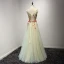 Chic / Beautiful Sage Green Evening Dresses  2017 A-Line / Princess V-Neck Sleeveless Appliques Flower Beading Floor-Length / Long Ruffle Backless Formal Dresses