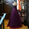 Chic / Beautiful Grape Prom Dresses 2018 A-Line / Princess Sweetheart Sleeveless Pearl Beading Sash Floor-Length / Long Ruffle Backless Formal Dresses