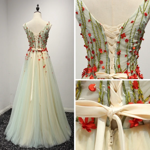 Chic / Beautiful Sage Green Evening Dresses 2017 A-Line / Princess V-Neck Sleeveless Appliques Flower Beading Floor-Length / Long Ruffle Backless Formal Dresses