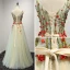 Chic / Beautiful Sage Green Evening Dresses  2017 A-Line / Princess V-Neck Sleeveless Appliques Flower Beading Floor-Length / Long Ruffle Backless Formal Dresses