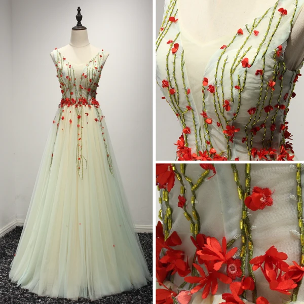 Chic / Beautiful Sage Green Evening Dresses 2017 A-Line / Princess V-Neck Sleeveless Appliques Flower Beading Floor-Length / Long Ruffle Backless Formal Dresses