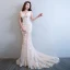 Sexy Champagne See-through Summer Evening Dresses  2018 Trumpet / Mermaid V-Neck Sleeveless Appliques Lace Pearl Rhinestone Flower Court Train Ruffle Backless Formal Dresses