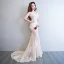 Sexy Champagne See-through Summer Evening Dresses  2018 Trumpet / Mermaid V-Neck Sleeveless Appliques Lace Pearl Rhinestone Flower Court Train Ruffle Backless Formal Dresses
