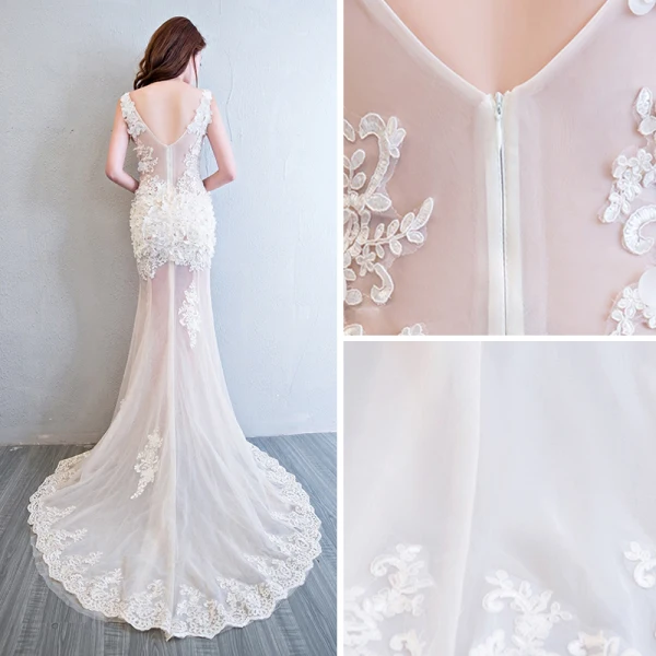 Sexy Champagne See-through Summer Evening Dresses 2018 Trumpet / Mermaid V-Neck Sleeveless Appliques Lace Pearl Rhinestone Flower Court Train Ruffle Backless Formal Dresses
