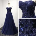 Fine Kongeblå Selskapskjoler 2017 Prinsesse Kjæreste Uten Ermer Appliques Blonder Blomst Beading Lange Buste Ryggløse Formelle Kjoler