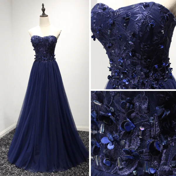 Fine Kongeblå Selskapskjoler 2017 Prinsesse Kjæreste Uten Ermer Appliques Blonder Blomst Beading Lange Buste Ryggløse Formelle Kjoler