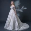 Vintage / Retro Champagne Wedding Dresses 2018 Ball Gown Off-The-Shoulder Short Sleeve Backless Appliques Lace Beading Ruffle Chapel Train
