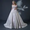 Vintage / Retro Champagne Wedding Dresses 2018 Ball Gown Off-The-Shoulder Short Sleeve Backless Appliques Lace Beading Ruffle Chapel Train