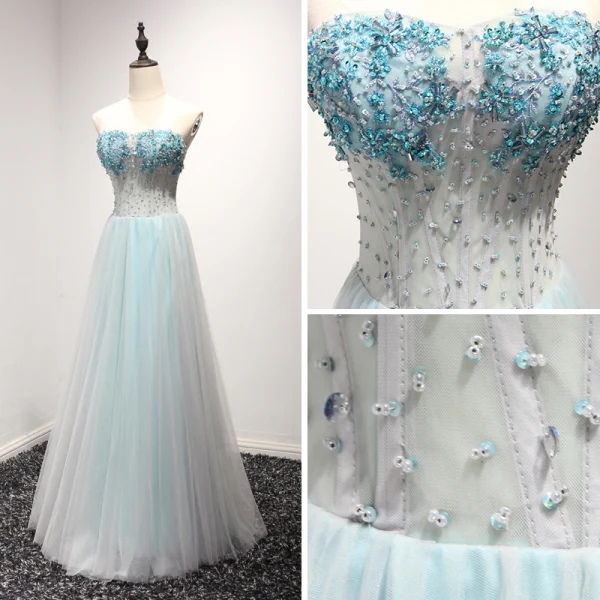 Fine Himmelen Blå Selskapskjoler 2017 Prinsesse Kjæreste Uten Ermer Beading Rhinestone Paljetter Lange Buste Ryggløse Formelle Kjoler