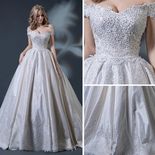 Vintage / Retro Champagne Wedding Dresses 2018 Ball Gown Off-The-Shoulder Short Sleeve Backless Appliques Lace Beading Ruffle Chapel Train