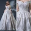 Vintage / Retro Champagne Wedding Dresses 2018 Ball Gown Off-The-Shoulder Short Sleeve Backless Appliques Lace Beading Ruffle Chapel Train