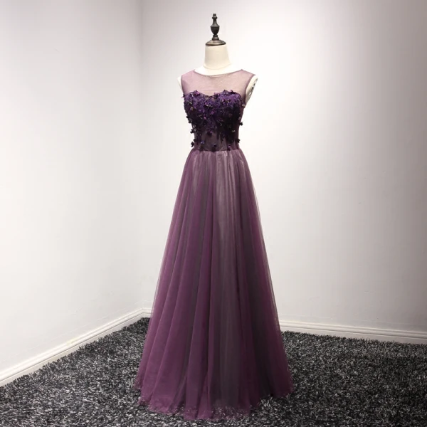 Chic / Beautiful Grape Evening Dresses 2017 A-Line / Princess Scoop Neck Sleeveless Appliques Flower Beading Pearl Floor-Length / Long Ruffle Backless Pierced Formal Dresses