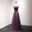 Chic / Beautiful Grape Evening Dresses  2017 A-Line / Princess Scoop Neck Sleeveless Appliques Flower Beading Pearl Floor-Length / Long Ruffle Backless Pierced Formal Dresses