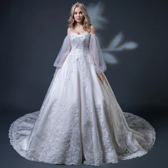 Elegant Champagne Brudekjoler 2018 Ballkjole Av Skulderen Langermede Ryggløse Appliques Blonder Beading Buste Cathedral Train