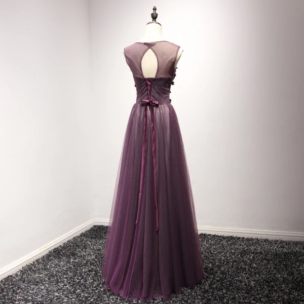 Chic / Beautiful Grape Evening Dresses 2017 A-Line / Princess Scoop Neck Sleeveless Appliques Flower Beading Pearl Floor-Length / Long Ruffle Backless Pierced Formal Dresses