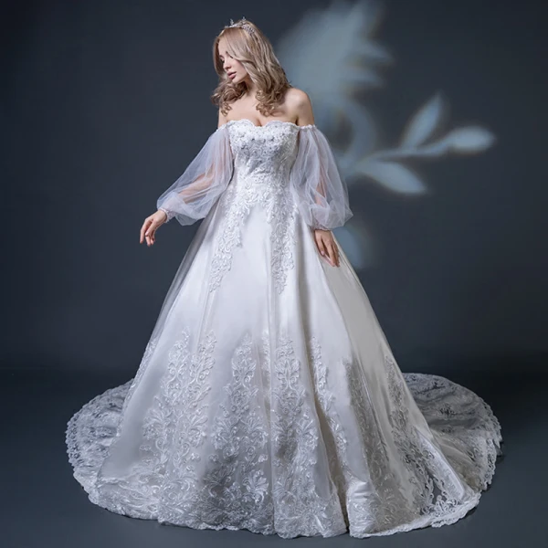 Elegant Champagne Wedding Dresses 2018 Ball Gown Off-The-Shoulder Long Sleeve Backless Appliques Lace Beading Ruffle Cathedral Train