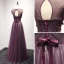 Chic / Beautiful Grape Evening Dresses  2017 A-Line / Princess Scoop Neck Sleeveless Appliques Flower Beading Pearl Floor-Length / Long Ruffle Backless Pierced Formal Dresses