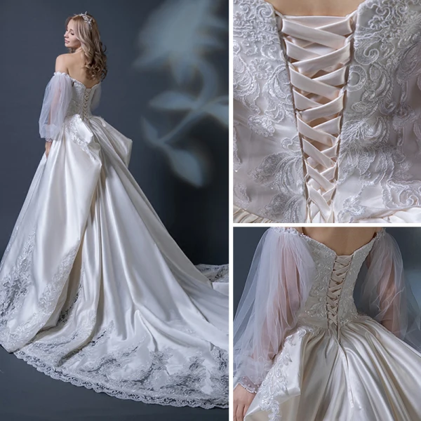 Elegant Champagne Wedding Dresses 2018 Ball Gown Off-The-Shoulder Long Sleeve Backless Appliques Lace Beading Ruffle Cathedral Train
