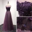 Chic / Beautiful Grape Evening Dresses  2017 A-Line / Princess Scoop Neck Sleeveless Appliques Flower Beading Pearl Floor-Length / Long Ruffle Backless Pierced Formal Dresses