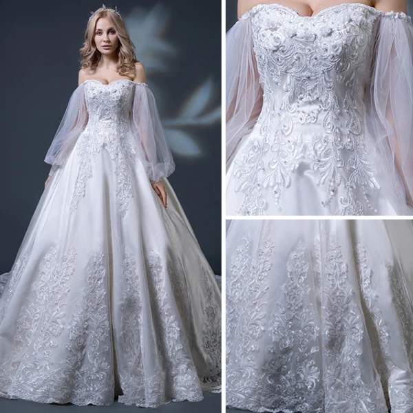 Elegant Champagne Wedding Dresses 2018 Ball Gown Off-The-Shoulder Long Sleeve Backless Appliques Lace Beading Ruffle Cathedral Train