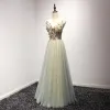 Chic / Beautiful Sage Green Champagne Evening Dresses  2017 A-Line / Princess V-Neck Sleeveless Beading Crystal Appliques Lace Flower Floor-Length / Long Ruffle Backless Formal Dresses