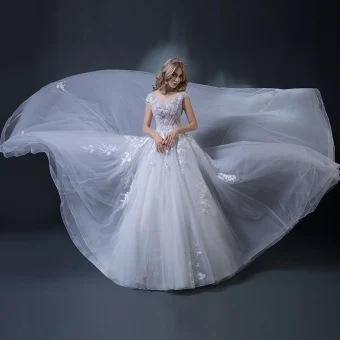 Charming White Wedding Dresses 2018 Ball Gown Scoop Neck Cap Sleeves Appliques Pierced Lace Beading Ruffle Cathedral Train