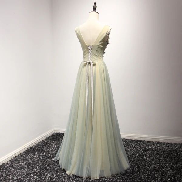 Chic / Beautiful Sage Green Champagne Evening Dresses  2017 A-Line / Princess V-Neck Sleeveless Beading Crystal Appliques Lace Flower Floor-Length / Long Ruffle Backless Formal Dresses