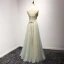 Chic / Beautiful Sage Green Champagne Evening Dresses  2017 A-Line / Princess V-Neck Sleeveless Beading Crystal Appliques Lace Flower Floor-Length / Long Ruffle Backless Formal Dresses