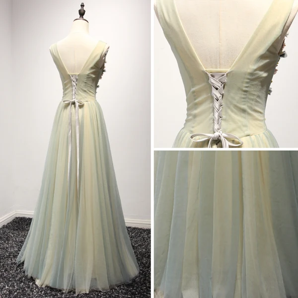 Chic / Beautiful Sage Green Champagne Evening Dresses  2017 A-Line / Princess V-Neck Sleeveless Beading Crystal Appliques Lace Flower Floor-Length / Long Ruffle Backless Formal Dresses